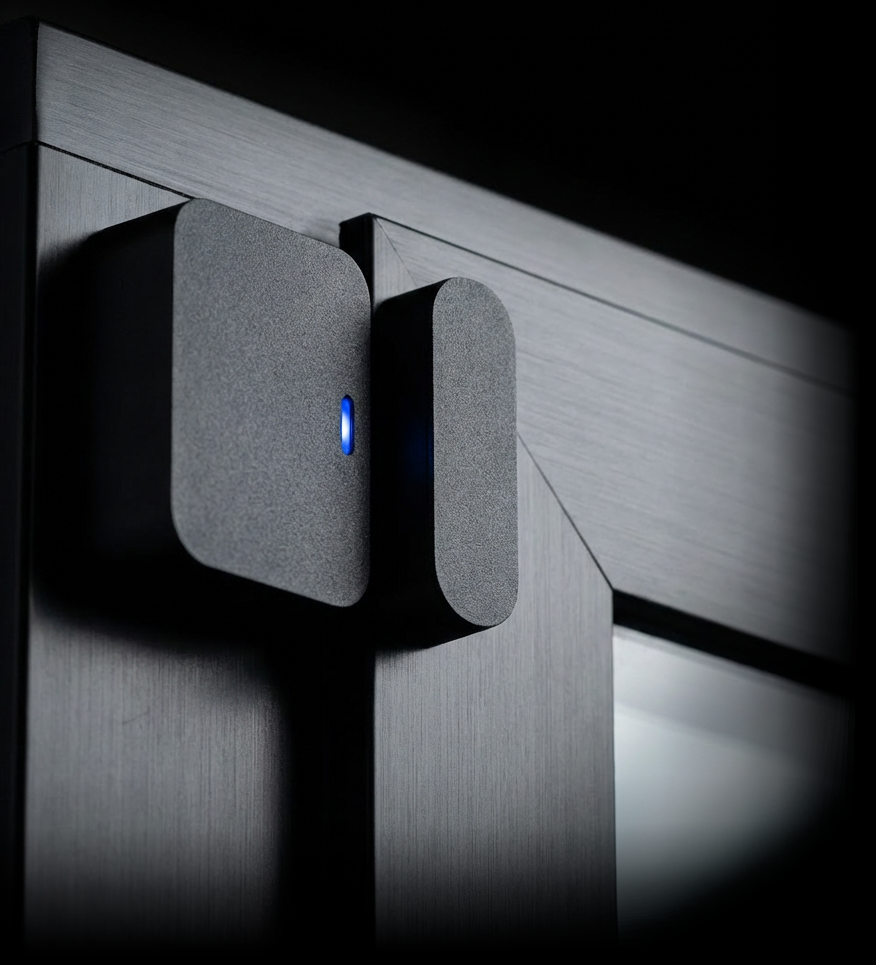 Discreet security sensor cover blending into black moden window frame